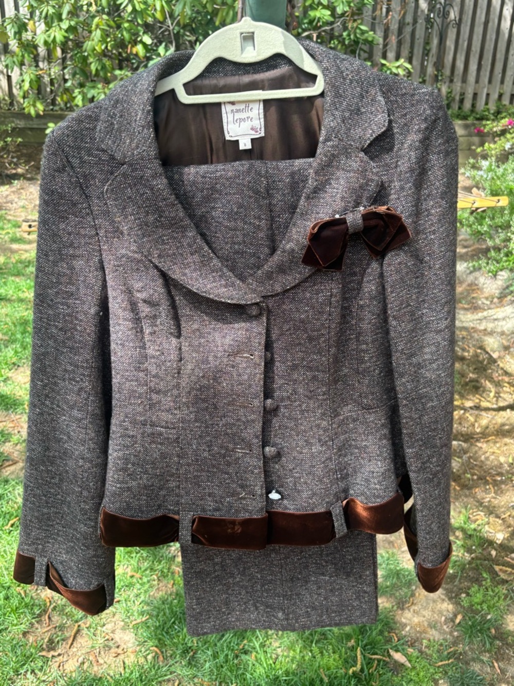 Nanette Lepore Brown Tweed Blazer with Velvet Trim - Picture 2 of 3